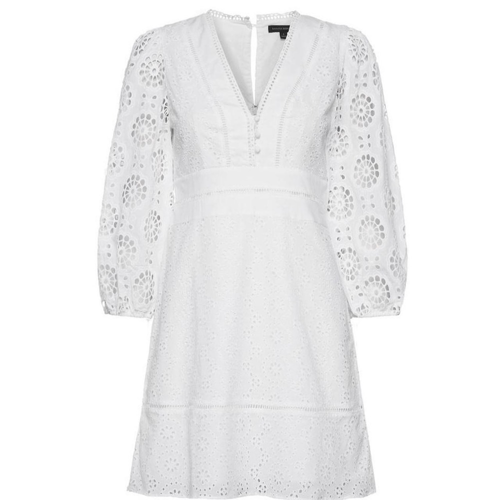 Banana Republic Bridal White Eyelet Mini Dress V-Neck Balloon Sleeve Cotton Sz 4